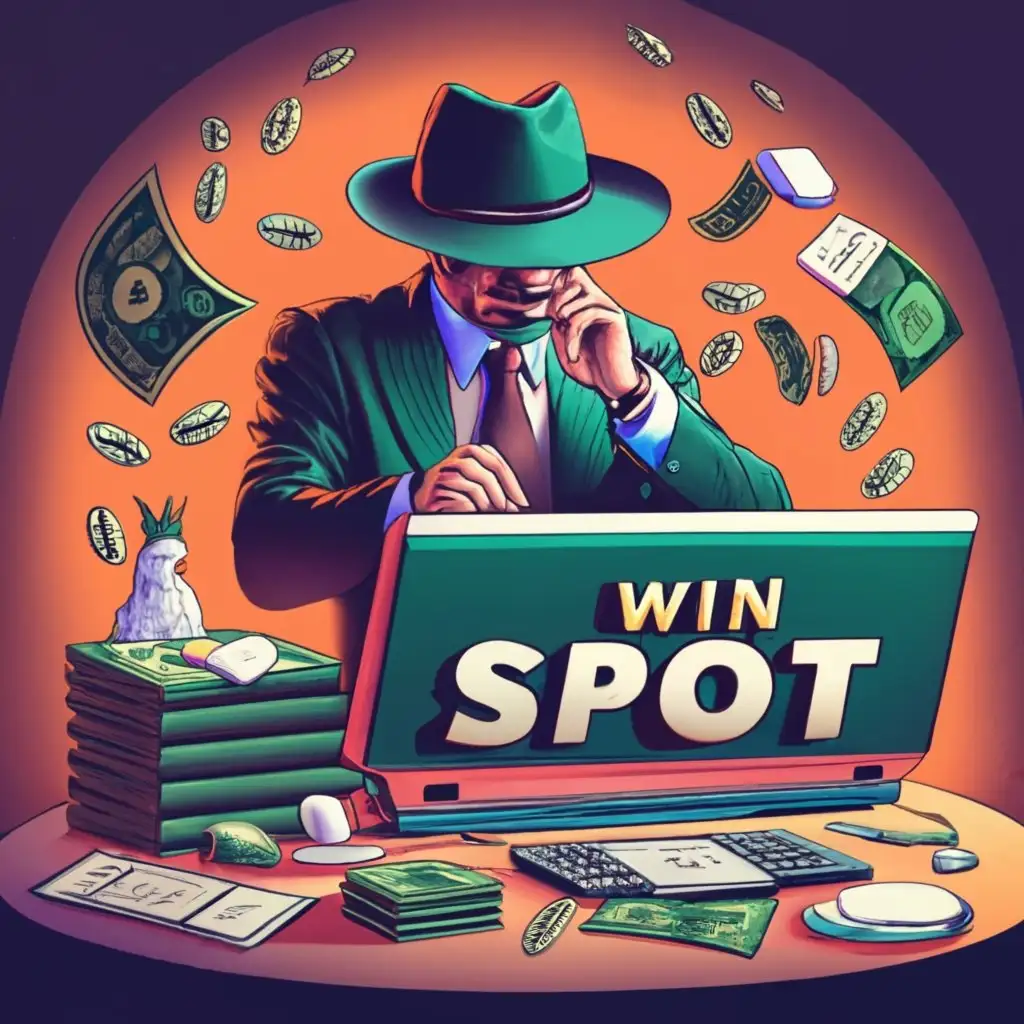 logo, mafia style graphics, 3D, hyperrealistic, money, investing, dark color, mafia man, sitting on pc, cocaine, boss, Rolex, new york, stocks, with the text "win spot", typography, be used in Finance industry