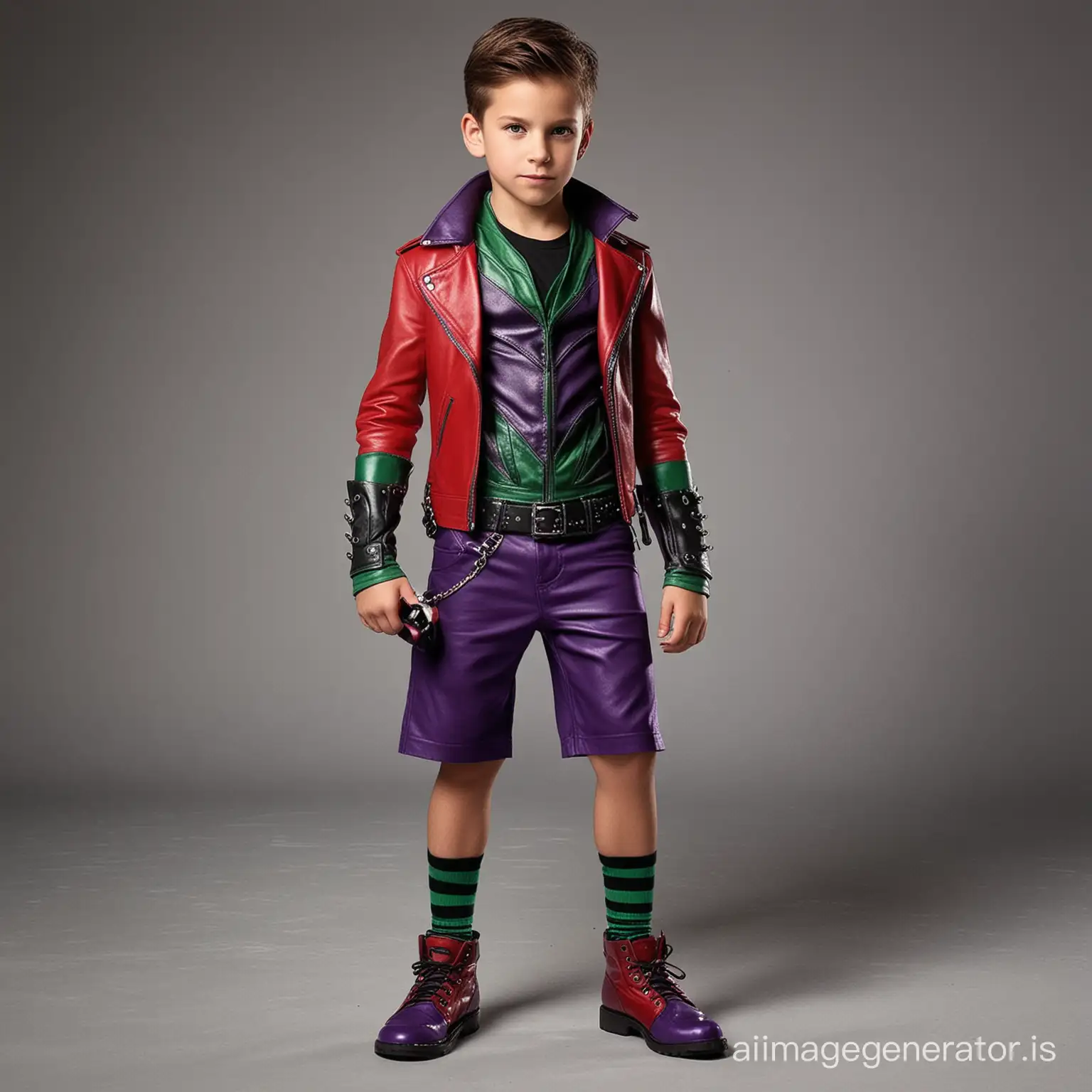 Create a villain outfit for a strong 8 year old boy villain with abs, cool, wicked, leather, shorts, comfortable yet intimidating, various shades of purple with hints of both green and red, both red and green should be included in every outfit but purple should be the main color, the shoes should also be colorful and match the outfit