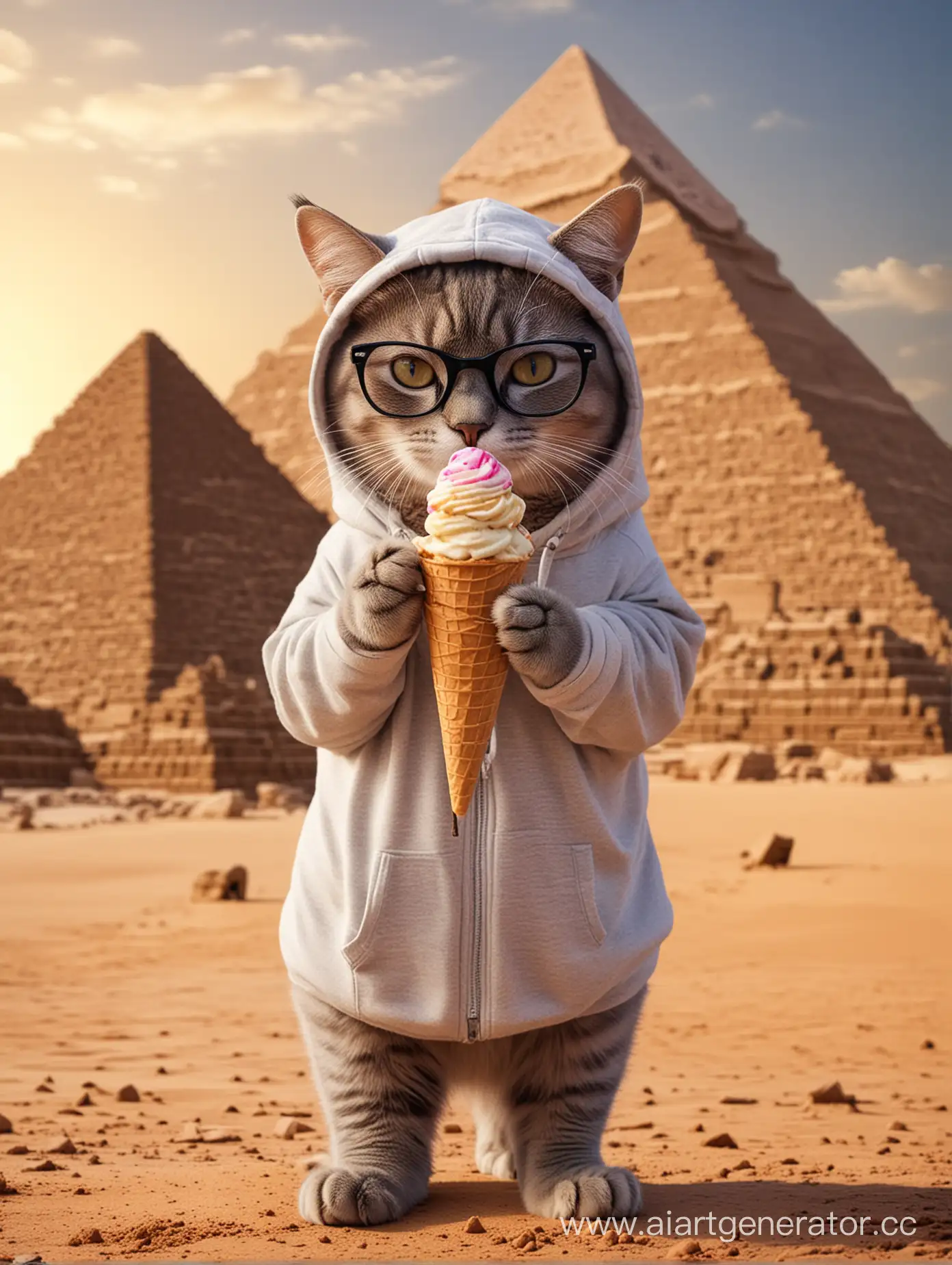 кот в худи и в очках, у него в лапах мороженка, на фоне египетских пирамид