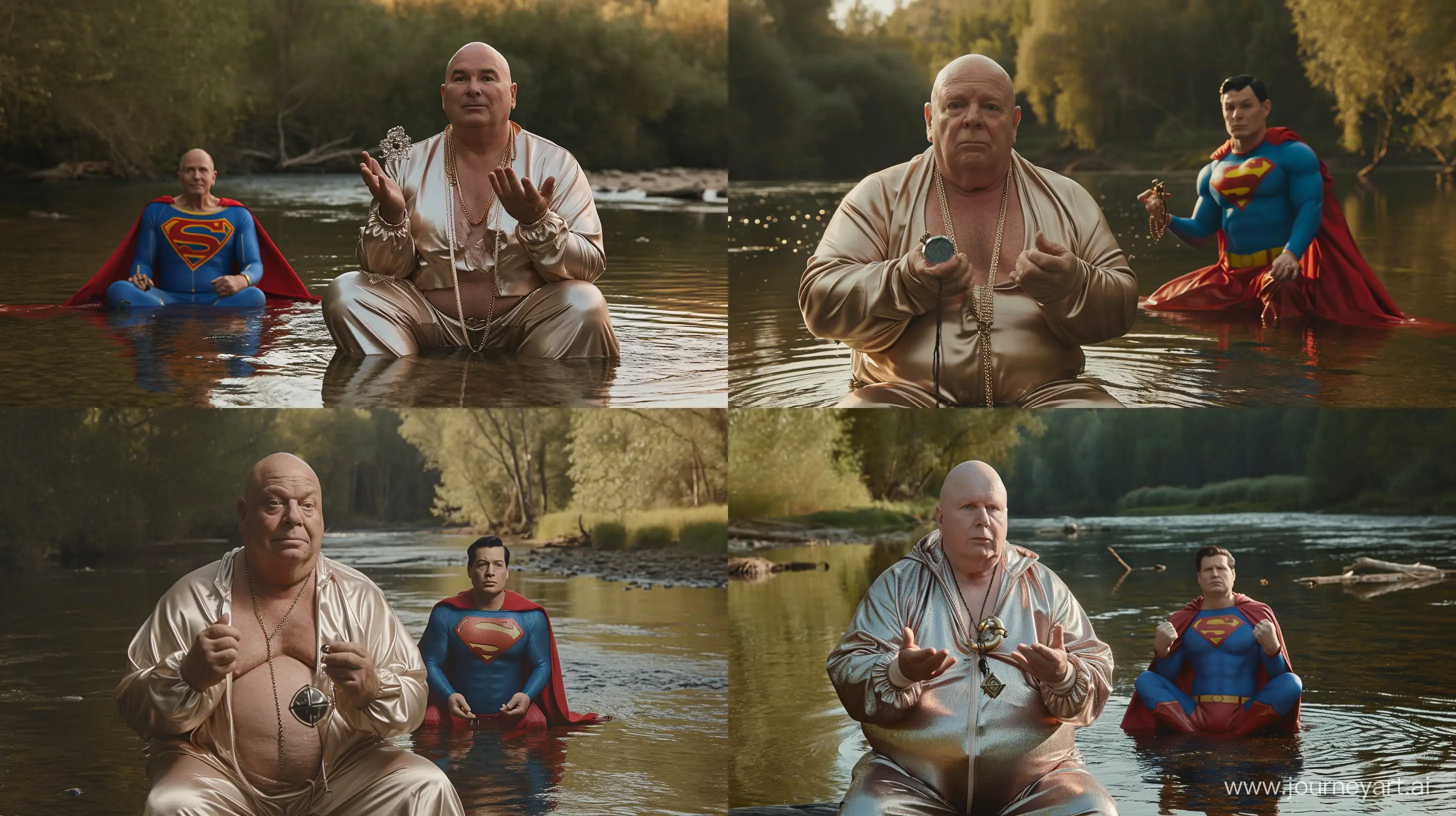 Portrait photo of a fat man aged 60 wearing a silky tracksuit holding a kryptonite necklace in front of a chubby 60 years old superman sitting in the water. River. Outside. Natural light. Bald. Clean Shaven. --style raw --ar 16:9 --v 6