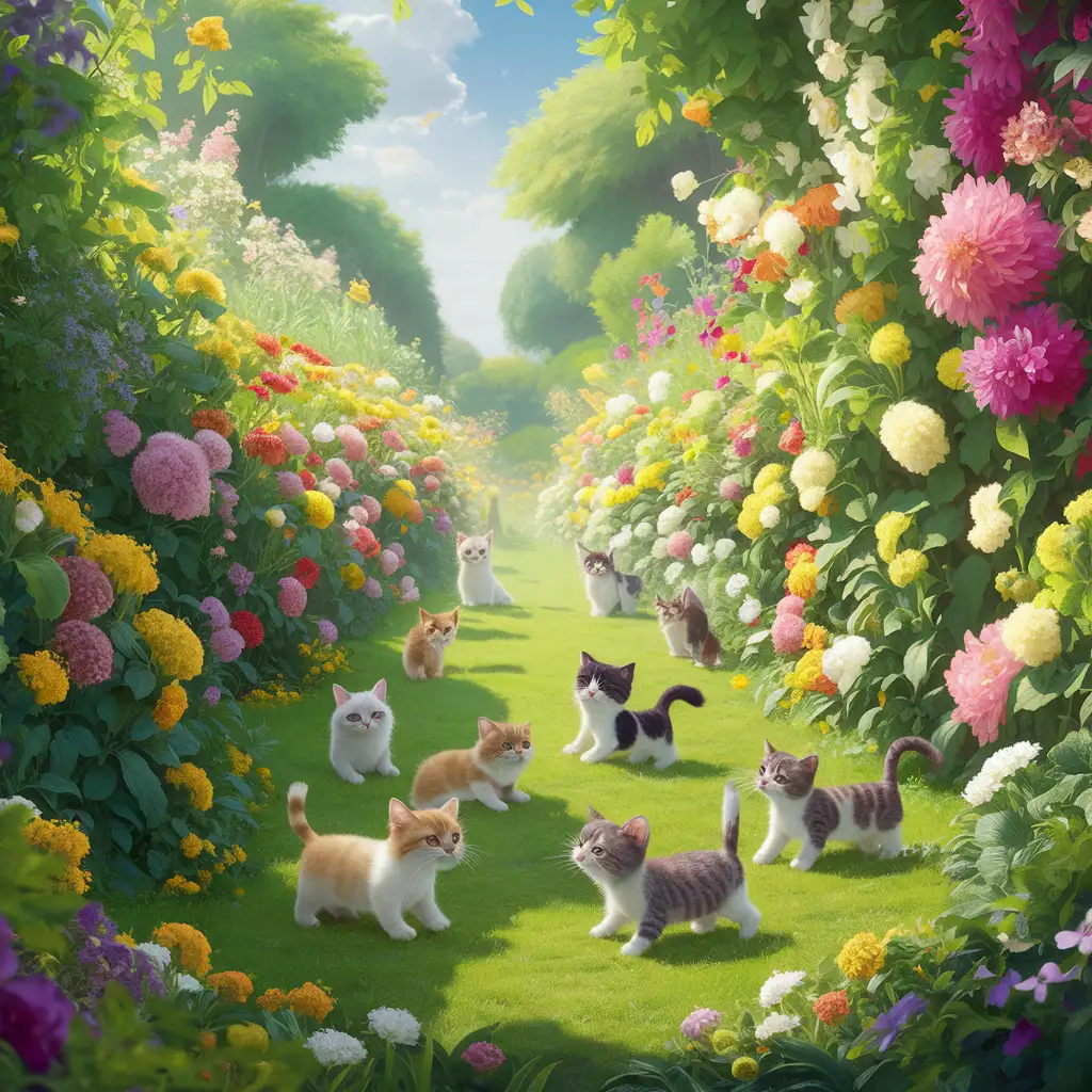 a beautiful garden with lots of flowers and small cats