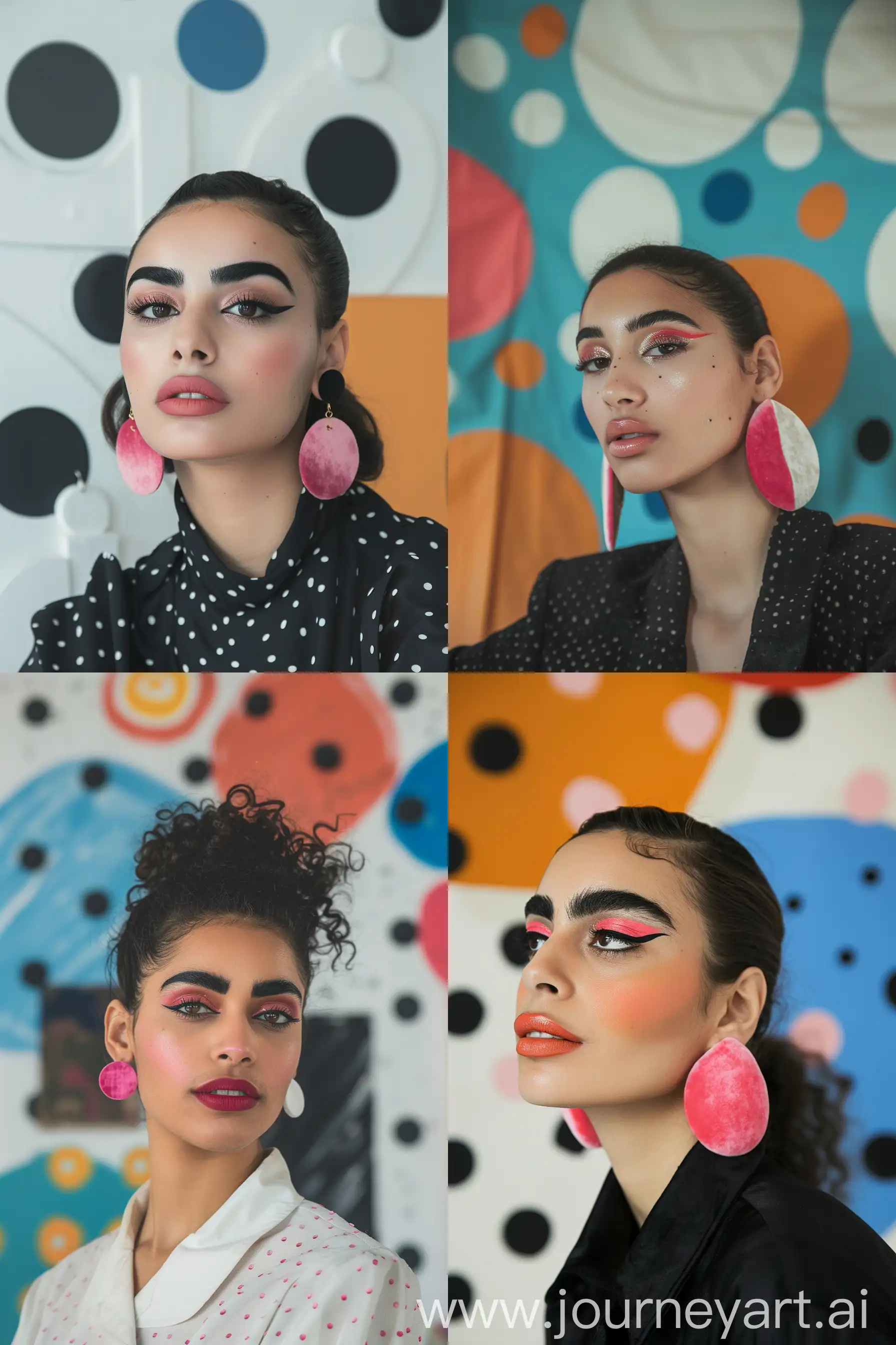 Photo of a young Egyptian woman, posing in a modern art gallery,  with bold eyebrows and bold big pink lips, solid VELVET big earrings, polka dot background, realistic --ar 2:3