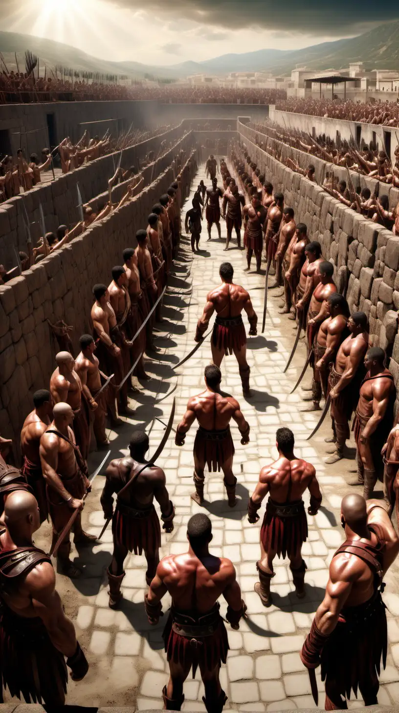 Generate scenes of Spartacus training the slaves to fight, portraying determination and unity. panoramic view