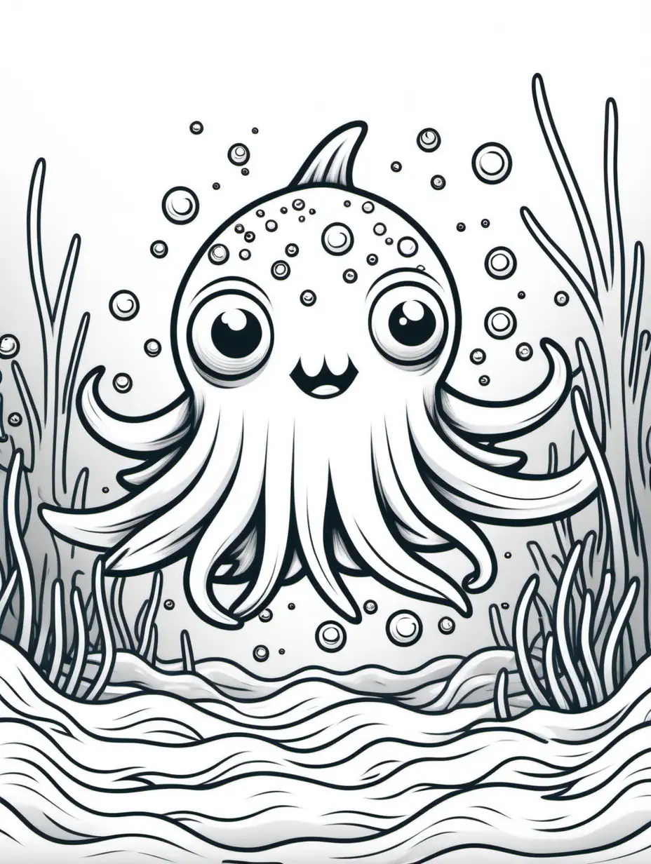 can you create a cute underwater swimming monster for a kids themed coloring book page, no colors, no black infill, no grey infill, thin lines, high dof, 8k, ar 85:110, Simple line art, One line, line art, Clean and minimalistic lines, Simple detail Minimalism Line drawing, fun child friendly background, low detail