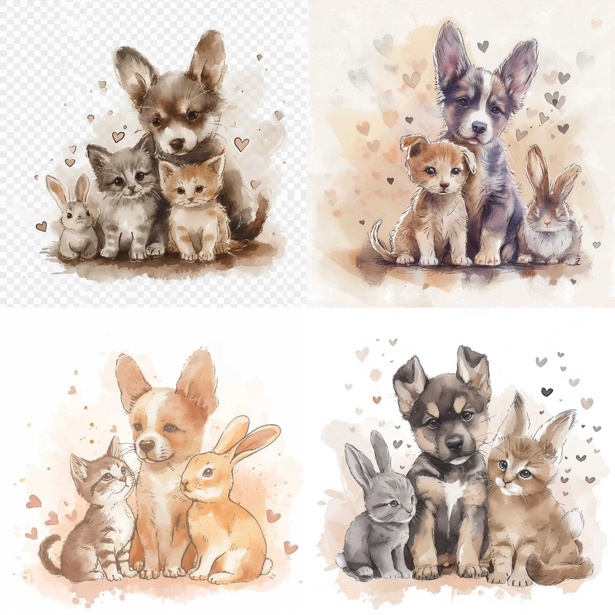 Illustrate a PNG image with a transparent background showing a watercolor painting of a small group of pets - a puppy, a kitten, and a bunny - sitting together. They should be rendered in soft watercolor tones with a splash of hearts around them, suggesting a gentle and artistic virtual pet app.