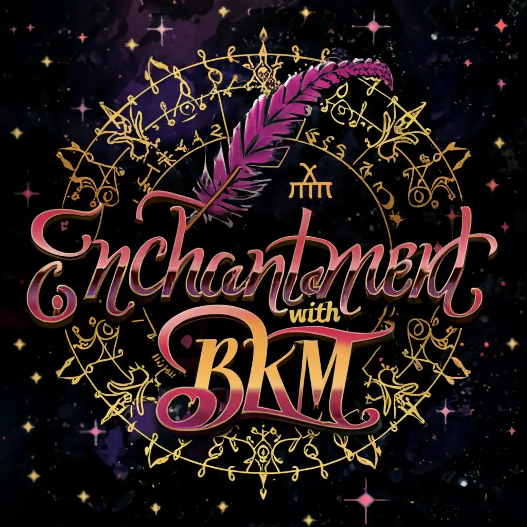 a logo design,with the text 'Enchantment with BKM', main symbol:violet feather,complex,be used in Entertainment industry,clear background, cosmic, red text with purple shadow, astrological wheel and symbols