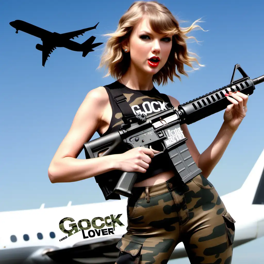 Taylor swift, holding an ar15,  wearing camo. A plane flying above her with a banner that says GLOCK LOVER.