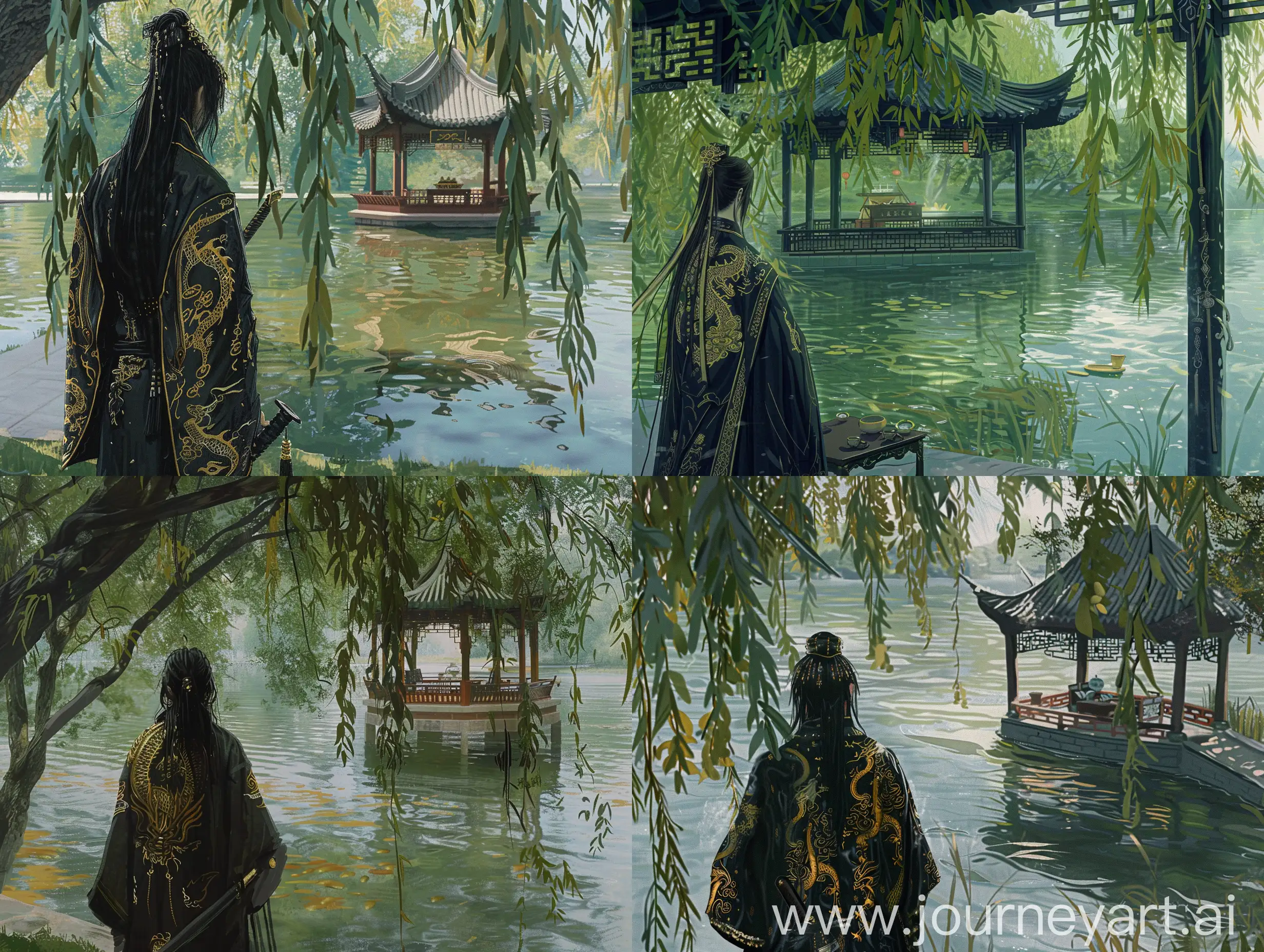 Tranquil-Summer-Park-Chinese-Swordsman-by-the-Lake
