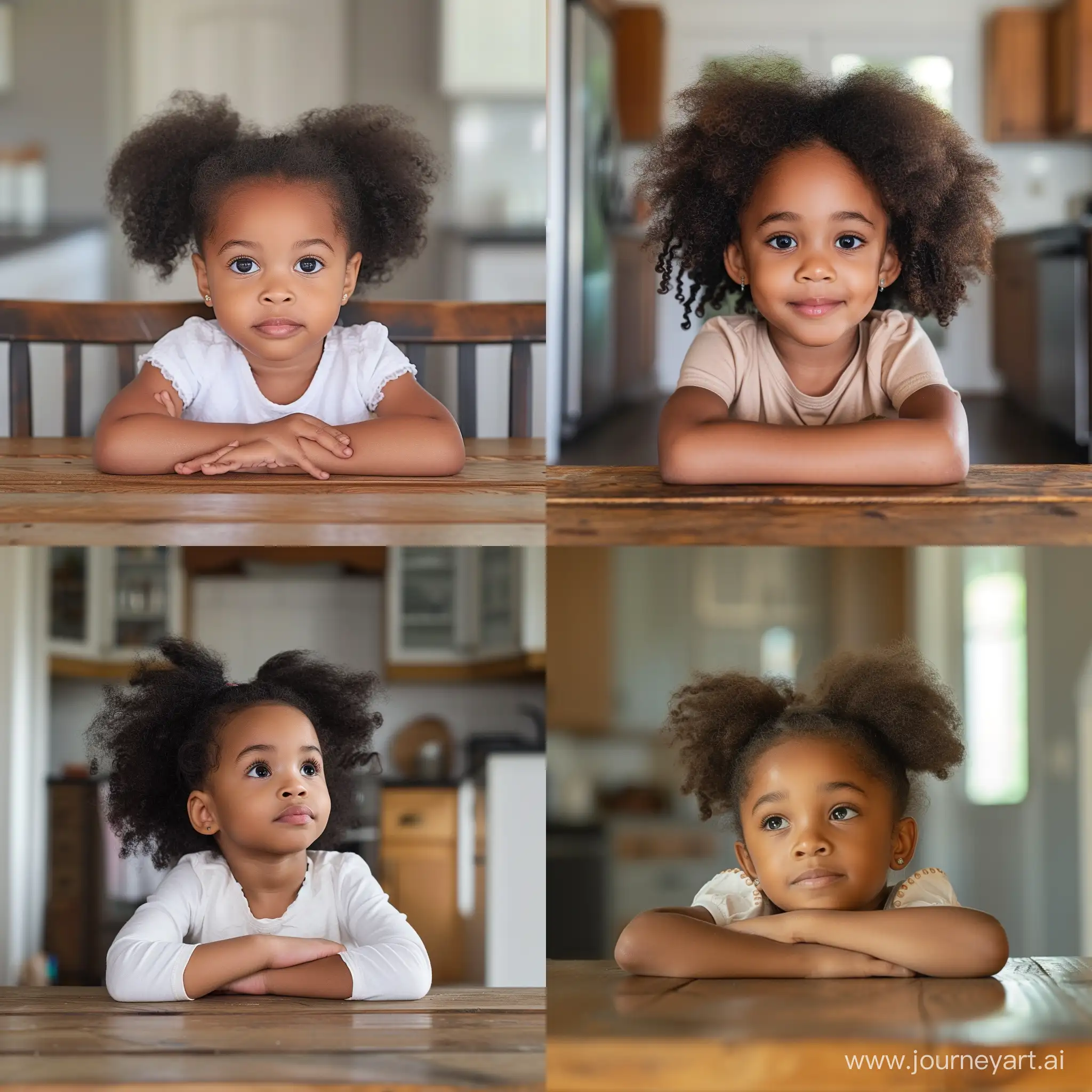 little girl, african american, at table in kitchen