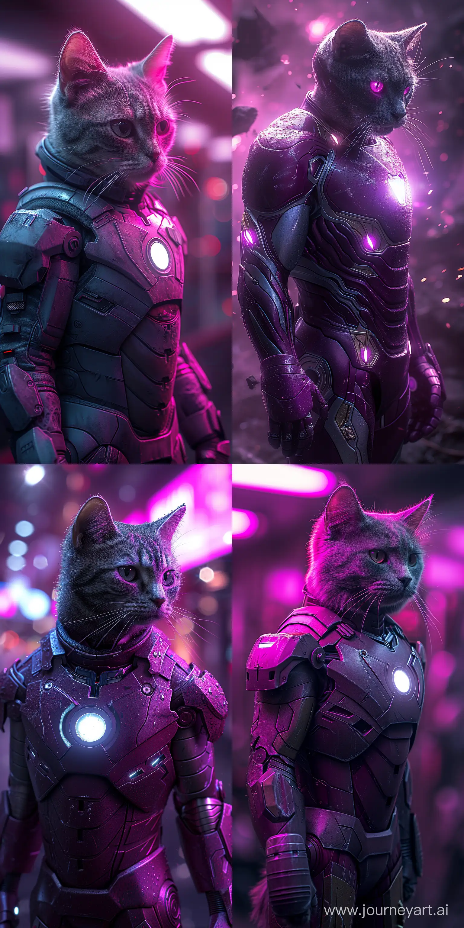 !mj cat in iron man suit, majestic purple hues, cinematic lighting, dynamic pose, high-tech armor aesthetic, Ariel full body view --ar 1:2 --stylize 750 --v 6