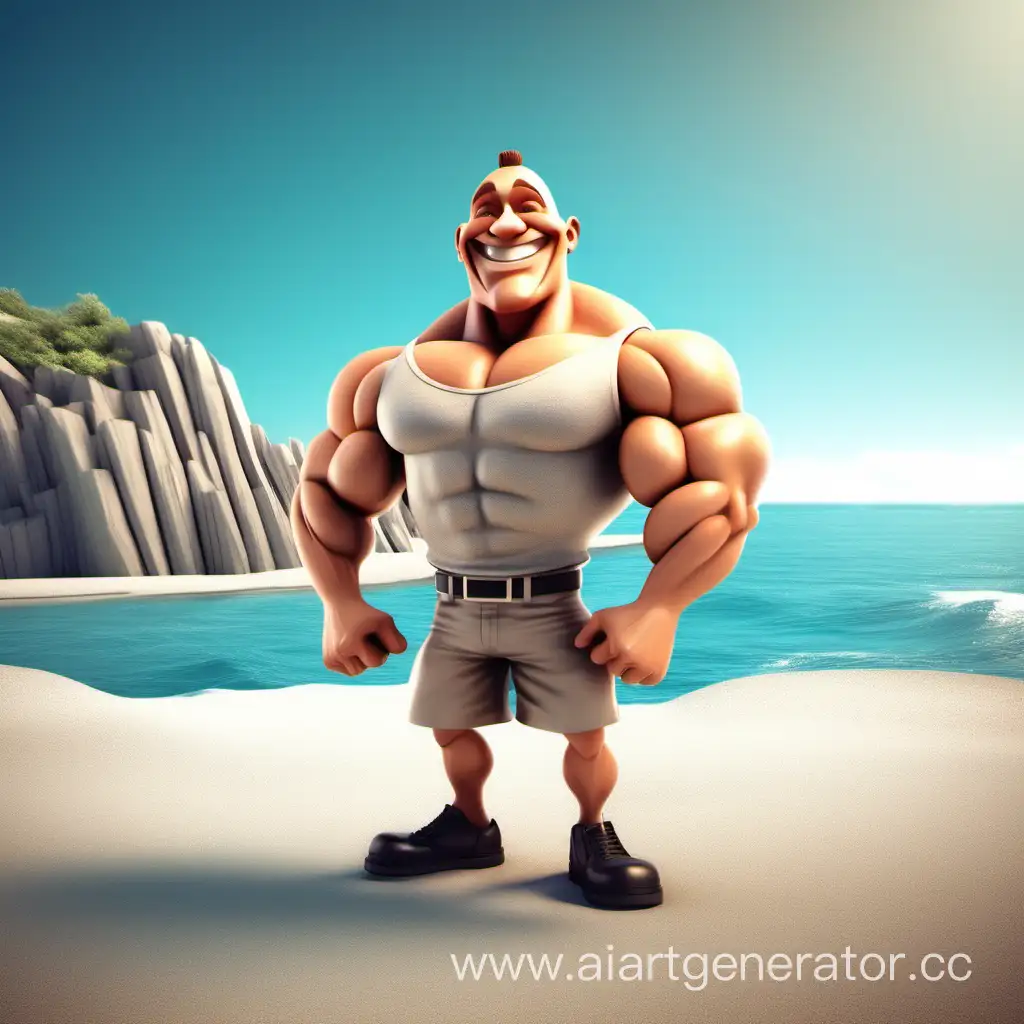 Cheerful-Cartoon-Bodybuilder-by-the-Seaside