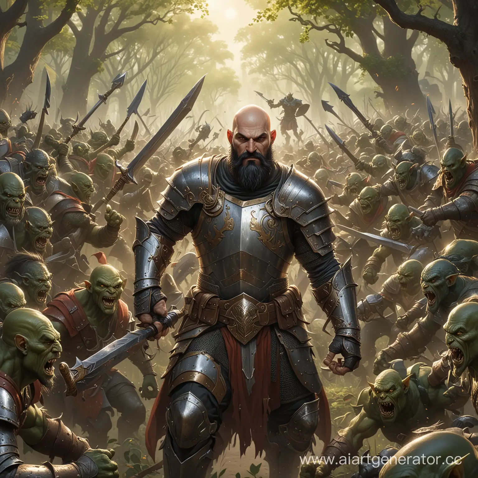 Bald-Paladin-Man-Battles-Green-Goblins-in-Shining-Armor