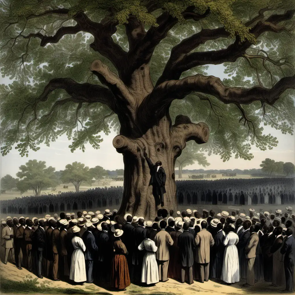 African-American  crowed at an oak tree, listening to the preachers, 1877
