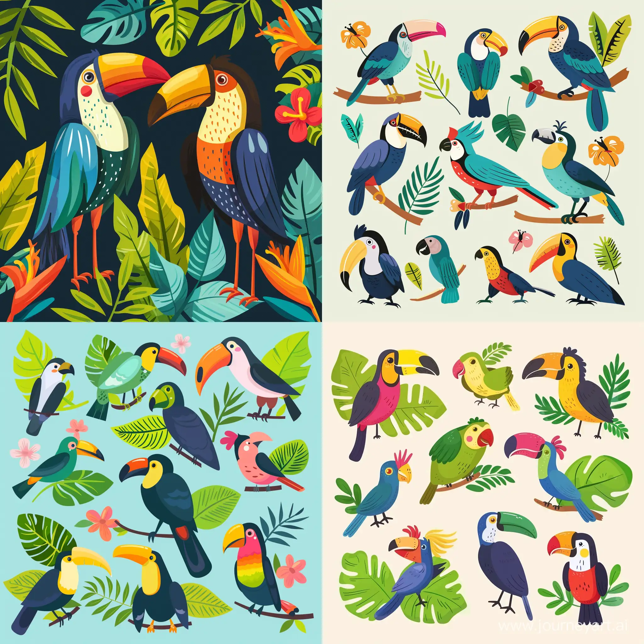 cartoon illustration of tropical birds, in flat style