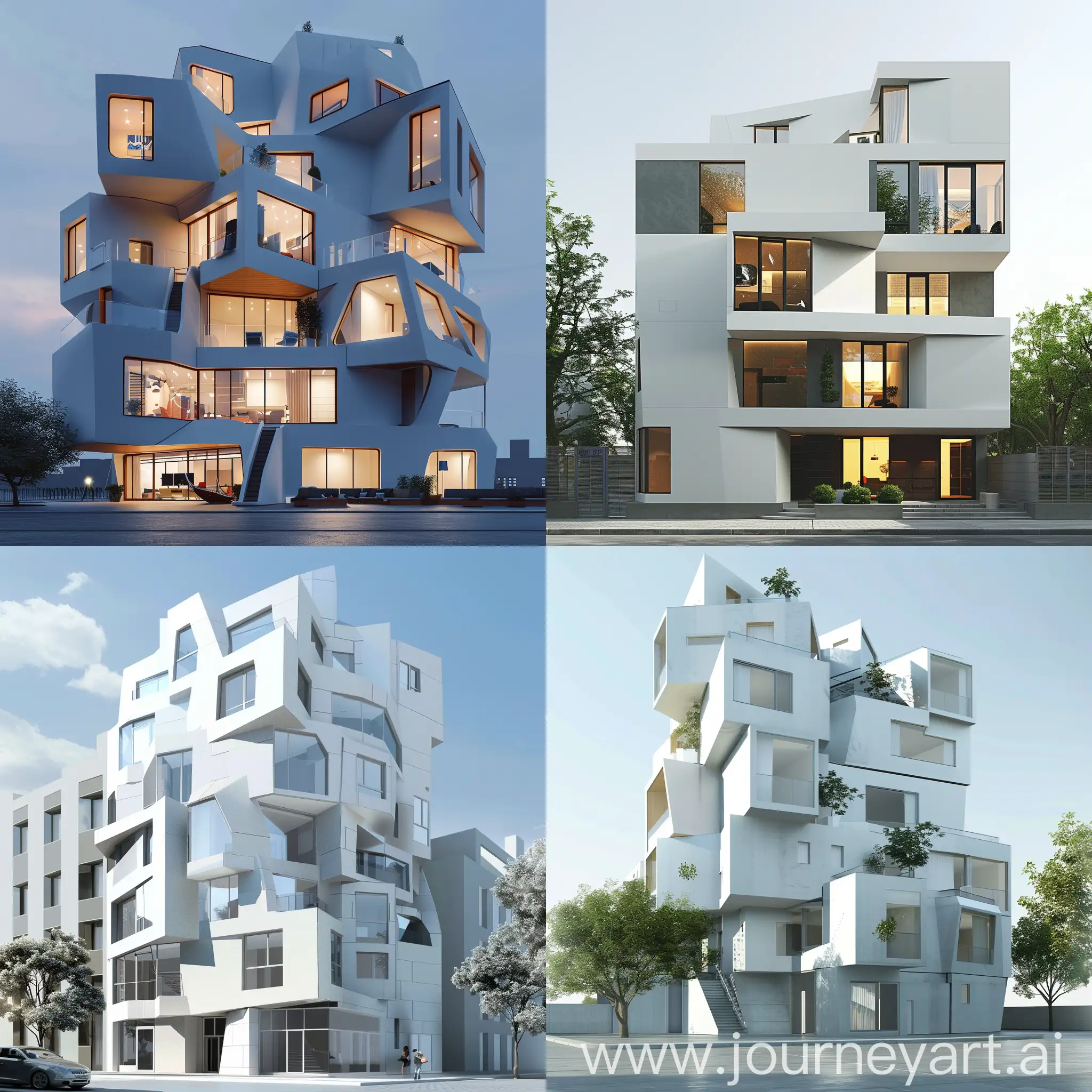 design of modern elevation for 4 floors apartment , so avangard and minimalistic facade as an architect , by Frank Gehry