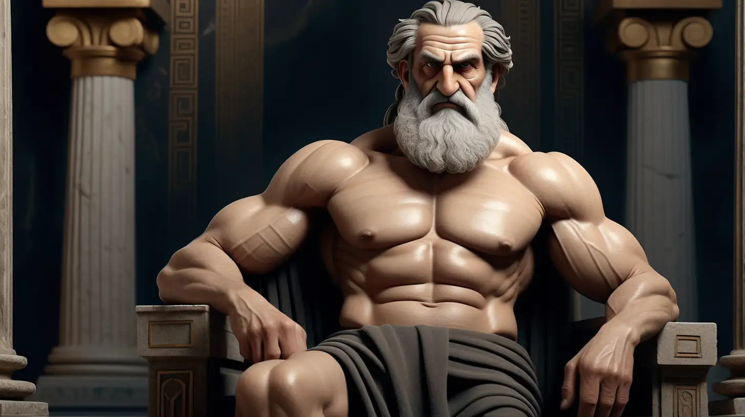 "Generate a captivating image featuring an aged Greek man with a muscular build, adorned with a long beard. Set the scene within the grandeur of a dark palace background, and depict the seasoned figure seated in a position of authority. Convey a sense of ancient wisdom and regality, capturing the essence of strength and experience in this AI-generated masterpiece."