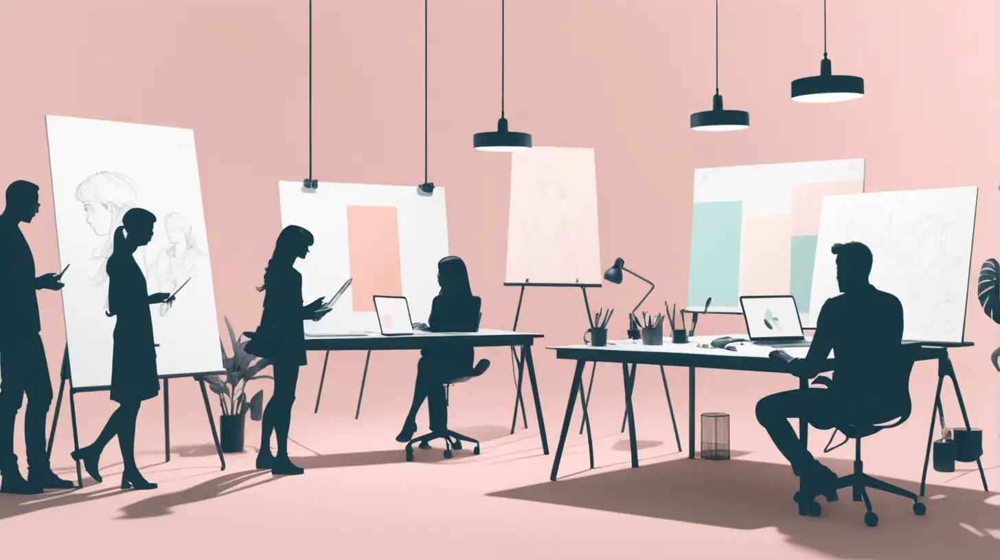 Create a minimalistic Open Studio with silhouettes of designers working on projects, collaborating, and designing. The color palette should be minimalistic with more pastel than vibrant colors. 