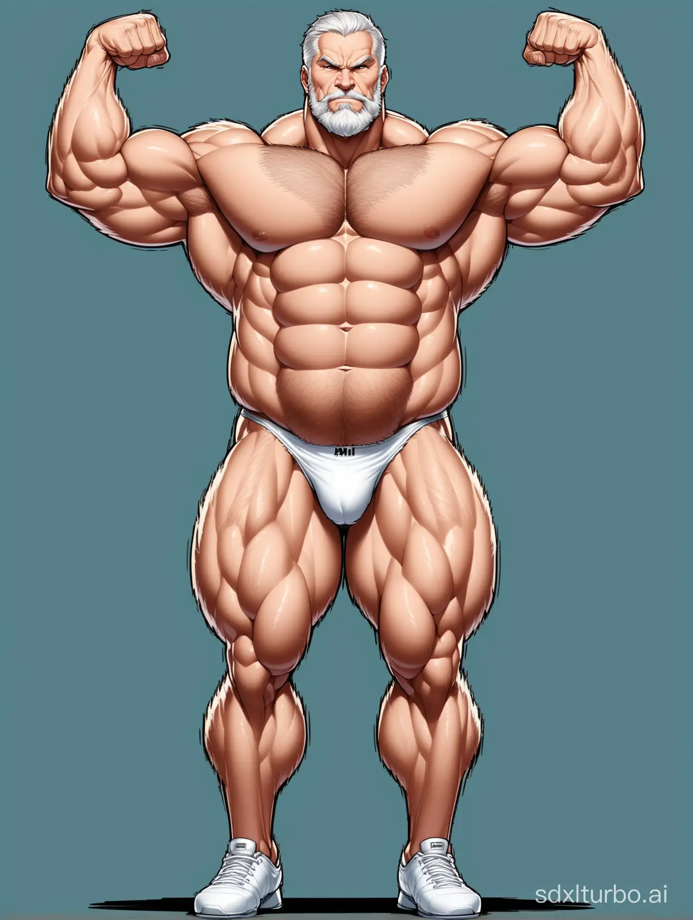 White skin and massive muscle stud, much bodyhair. Huge and giant and Strong body. Very Long and strong legs. 2m tall. very Big Chest. very Big biceps. 8-pack abs. Very Massive muscle Body. Wearing underwear. he is giant tall. very fat. very fat. very fat. Full Body diagram. very long strong legs.very long legs.very long legs. raise his arms to show his huge biceps. wearing white shoes. raise his arms to show his huge biceps.very old man.very handsome men.