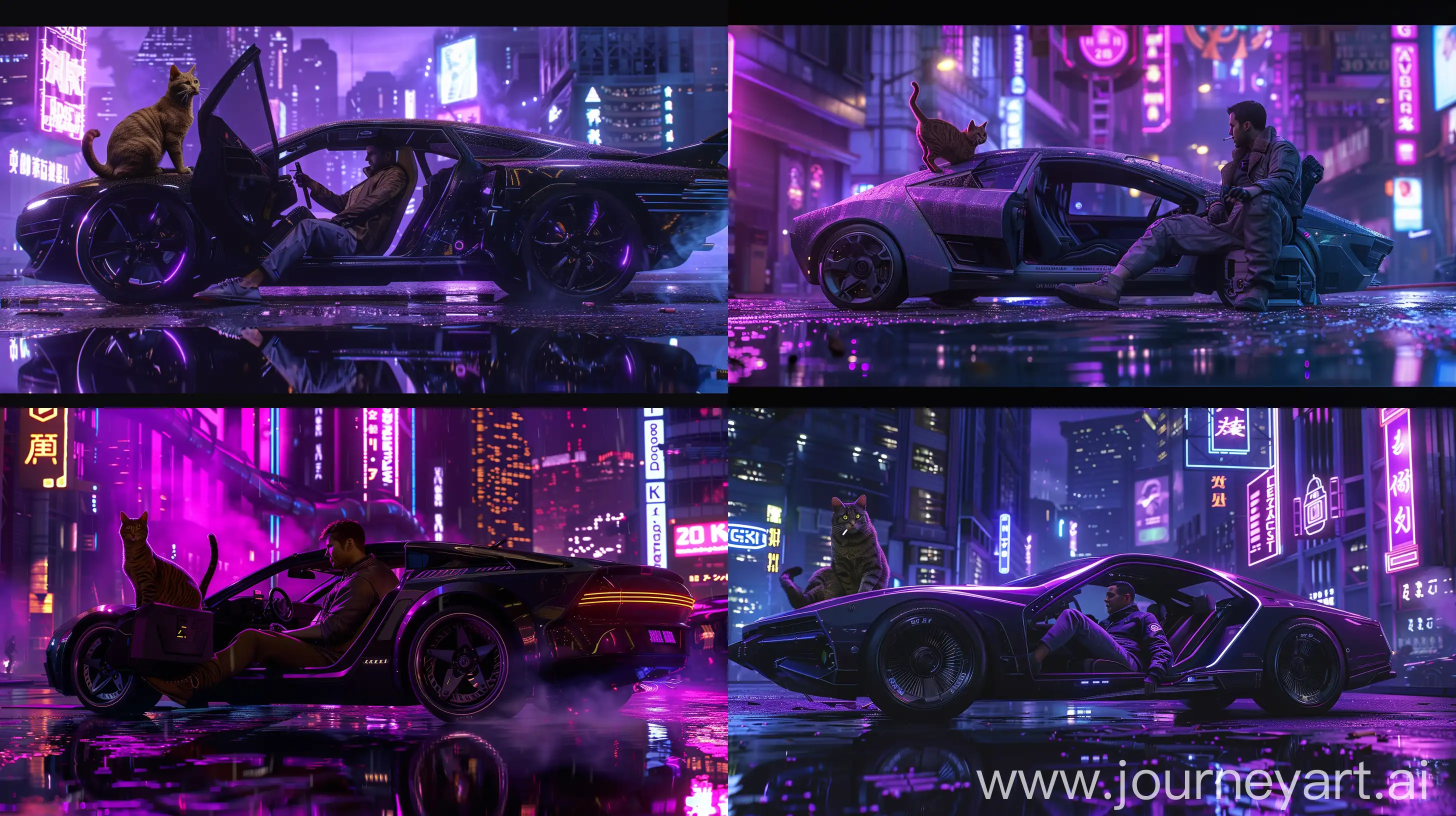 The car, standing there, a cat sitting on the car with a cigarette in its mouth, in the open car, a man sitting in the car, modern clothes, holding a gun, legs outside the car, Ryan Gosling, Blade Runner 2049, Officer K, at night, buildings, the city, cyppunk, future, purple, wet ground, reflection in water, neon lights, dramatic lighting, 3d rendering, unreal engine 5, ultra realistic, realistic, Cinematic Shot --ar 16:9 --style raw