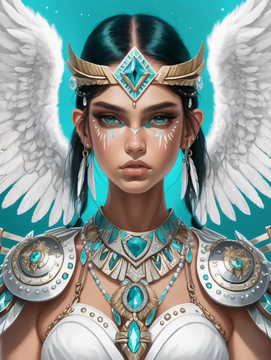 ValkyrieInspired Angelic Warrior Adorned in White and Teal Jewels