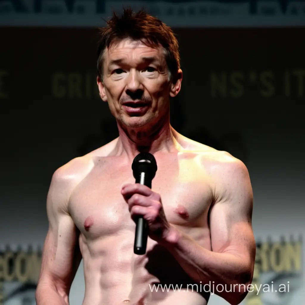 the actor Berry Keoghan front view shirtless sexy holding a microphone