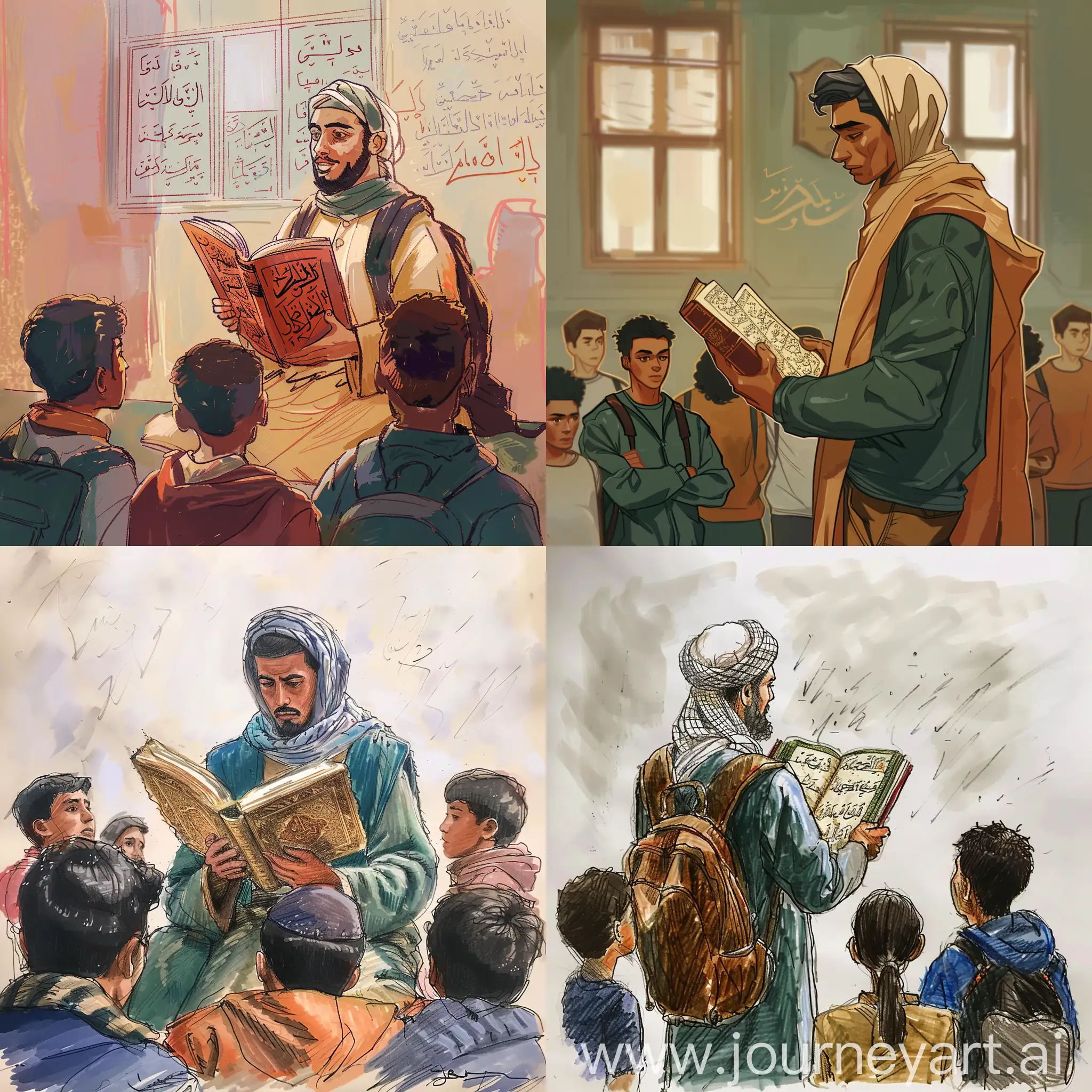 ارسم لي مغربي يقرا القران امام مجموعة من الطلاب 
