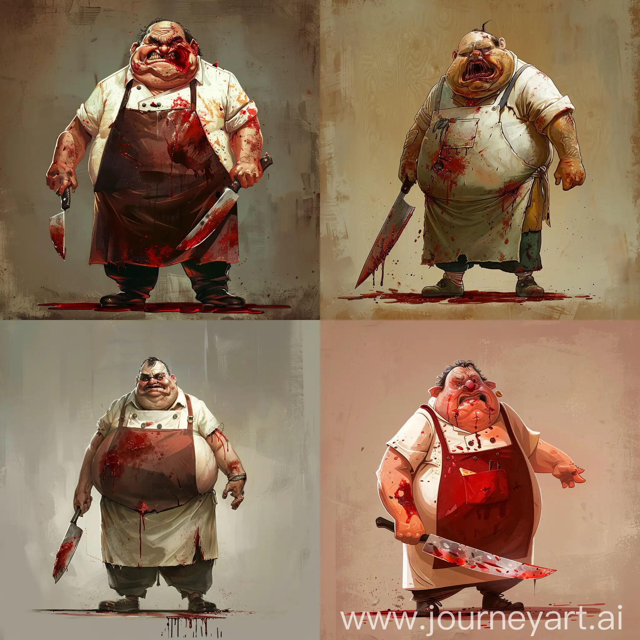 A fat chef with a bloody apron and a bloody knife