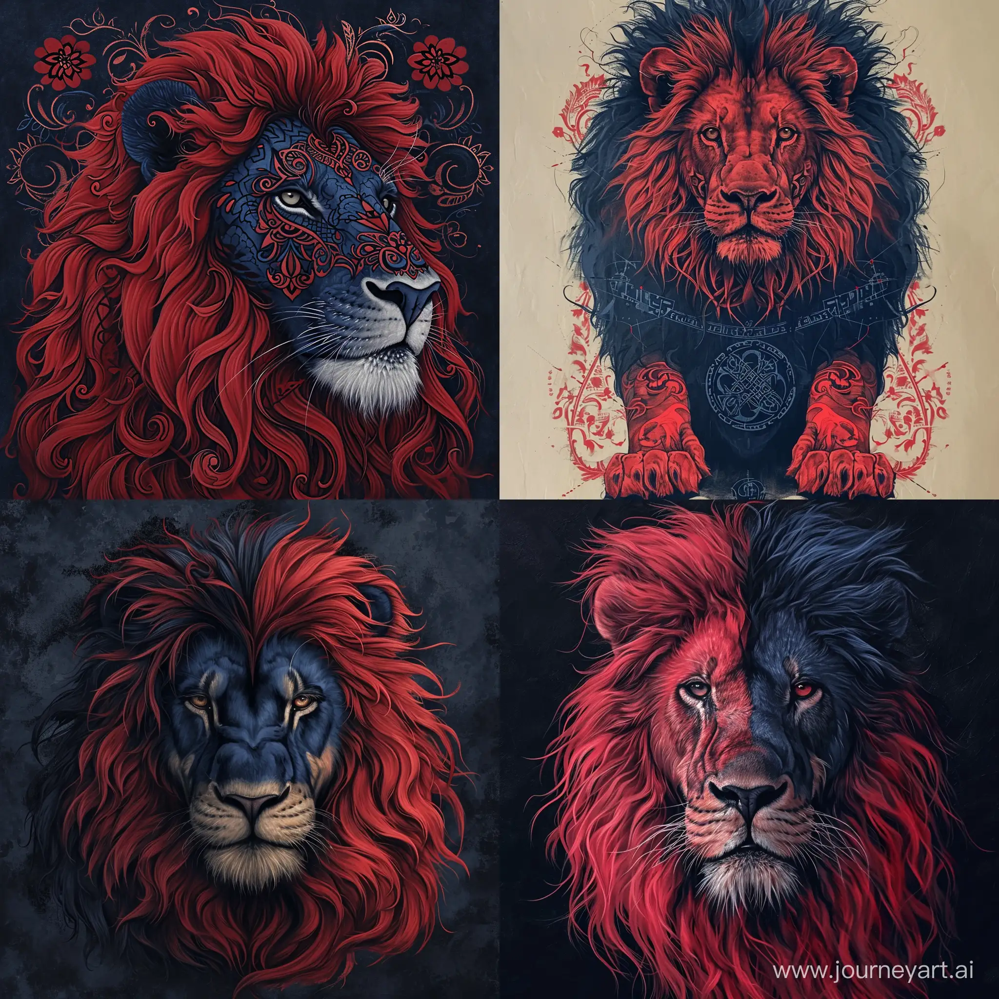 Moroccan lion tattoo drawing, in the style of matthias jung, kerem beyit, uhd image, authentic depictions, artgerm, navy and crimson, history painting 