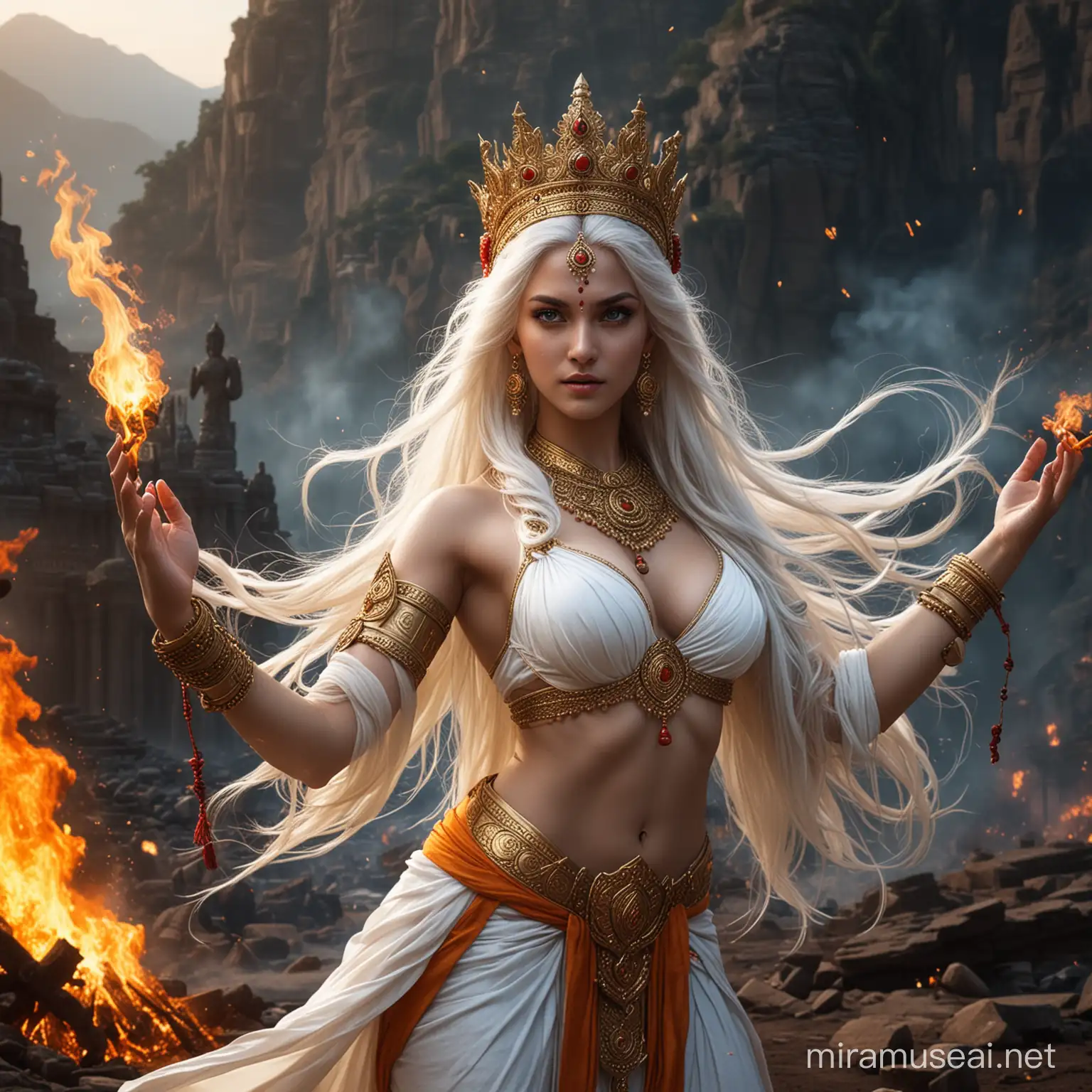 Empress Goddess in Combat Surrounded by Fire and Demonic Hindu Goddesses