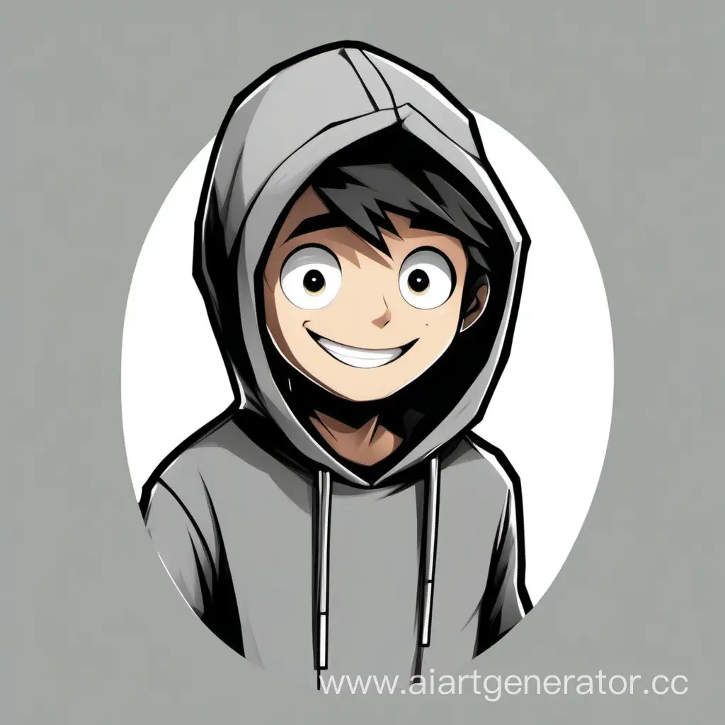 2D cartoon boy, sharp half-cirlcle eye,wearing gray hood T-shirt,black hear, smiling mouth