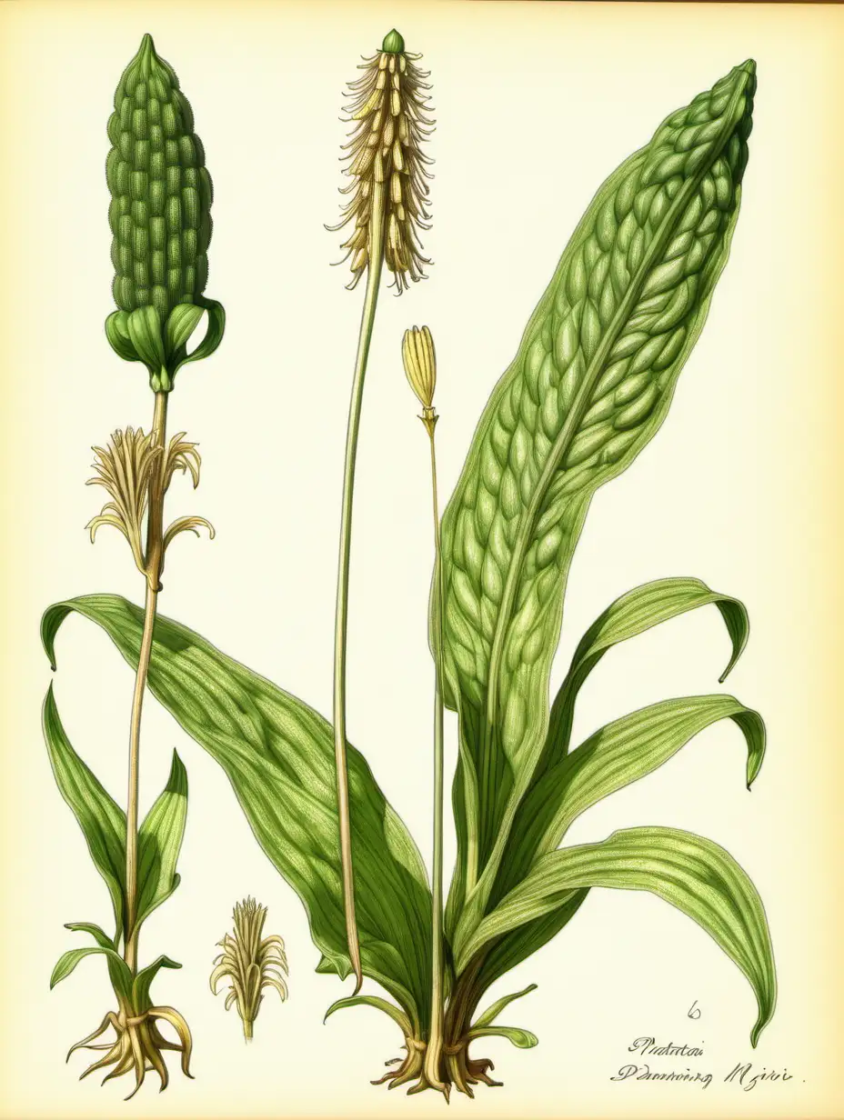 Botanical drawing for Plantago major, plantain. Make it realistic




