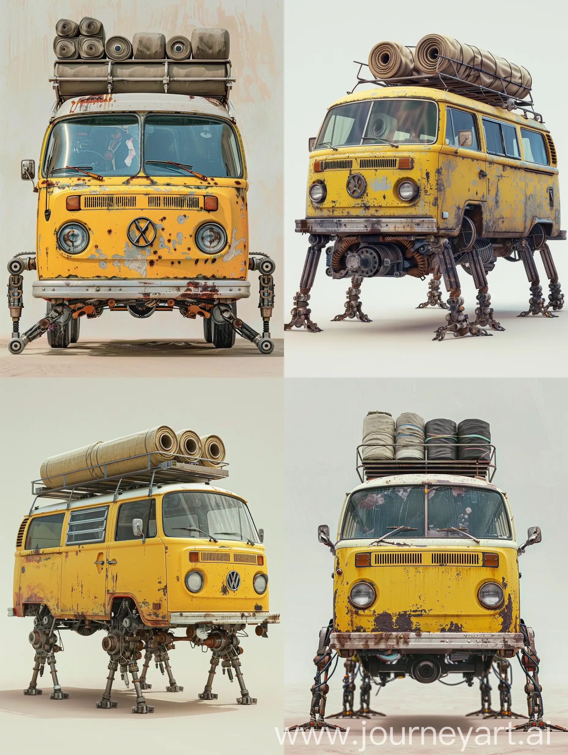 Vintage-Yellow-Van-with-Mechanical-Spider-Legs-and-Adventure-Gear