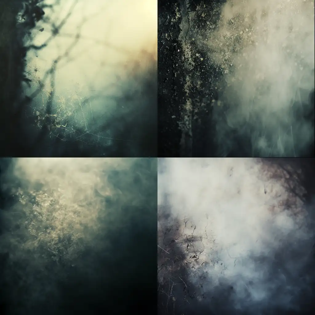 A stunning close-up photo of a soft foggy ambiance, the dark gritty tone collaged work, the dreamy 