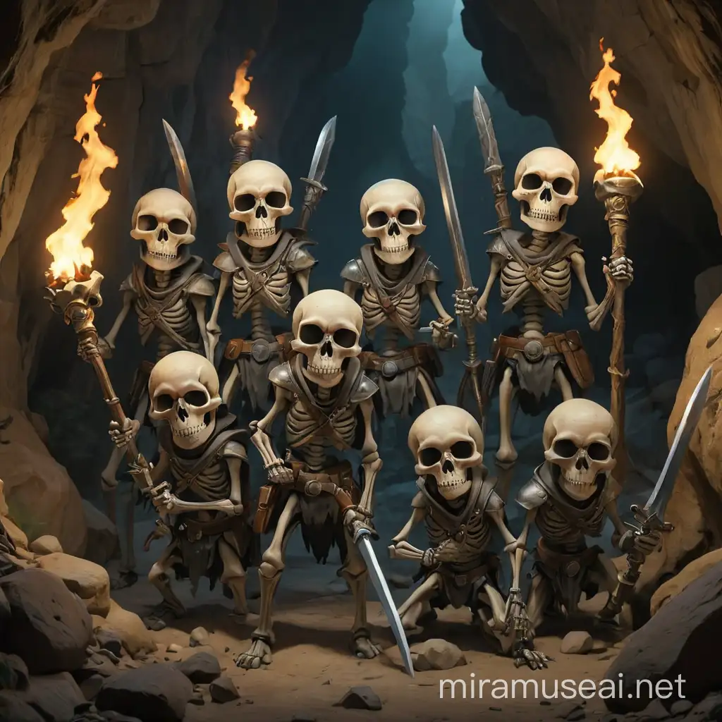 Отряд из 5 скелетов, в полный рост, в пещере, в шлемах, с мечами и факелами.