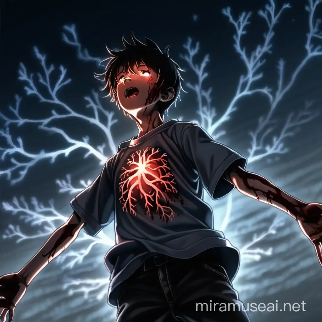 Subject: Anime teenage boy, floating in the sky with arms outstretched.  Details:  Blood vessels emanate from his body, glowing faintly. His expression is one of deep sadness, loneliness, and depression. The background is completely dark, with a spotlight focused solely on the boy. Style: Anime  Additional details:  Focus on portraying the boy's emotional state through his expression and the glowing blood vessels. You can add a few wispy clouds around the boy for a more atmospheric touch, but ensure the background remains mostly dark. I hope this helps! This prompt should avoid mentioning any graphic depictions of violence or gore, while still capturing the essence of your request.