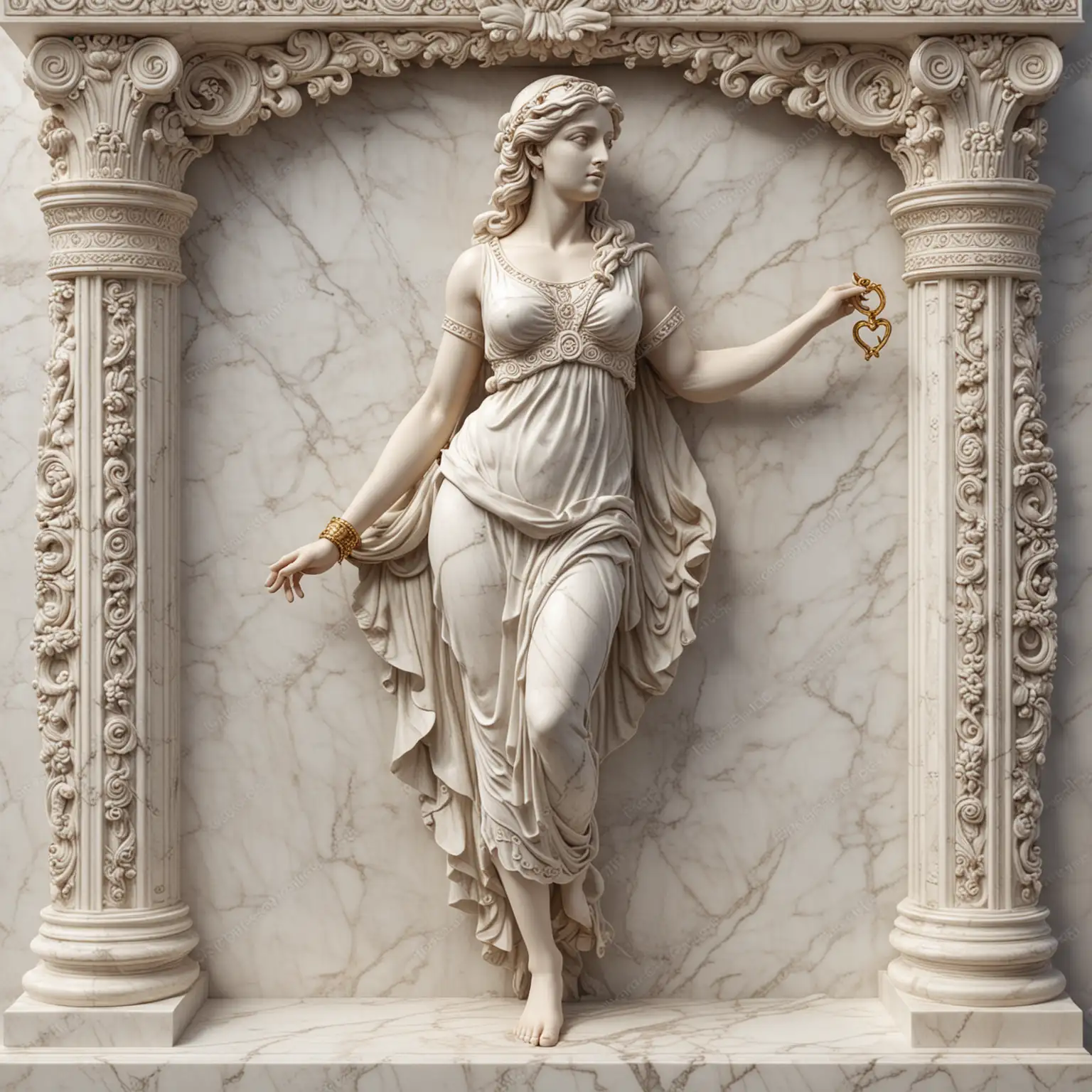 3D  seamless, carved, marble full body, GREEK WOMAN 
with ornate  key pattern marble frame surround

