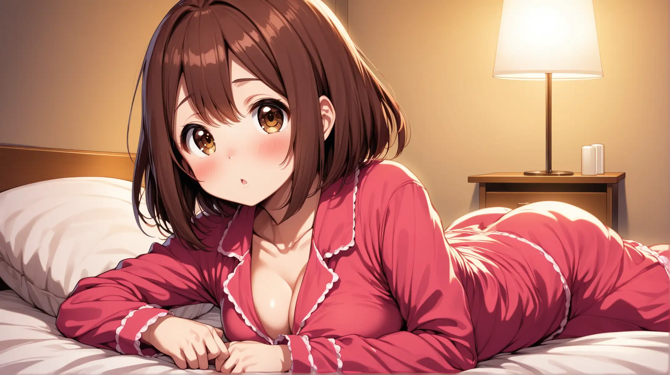 Draw the character Ochaco Uraraka, brown hair, dark brown eyes, high quality, long shot, dim lighting, indoors, bedroom, laying on bed, revealing, pajamas outfit, erotic, blushing