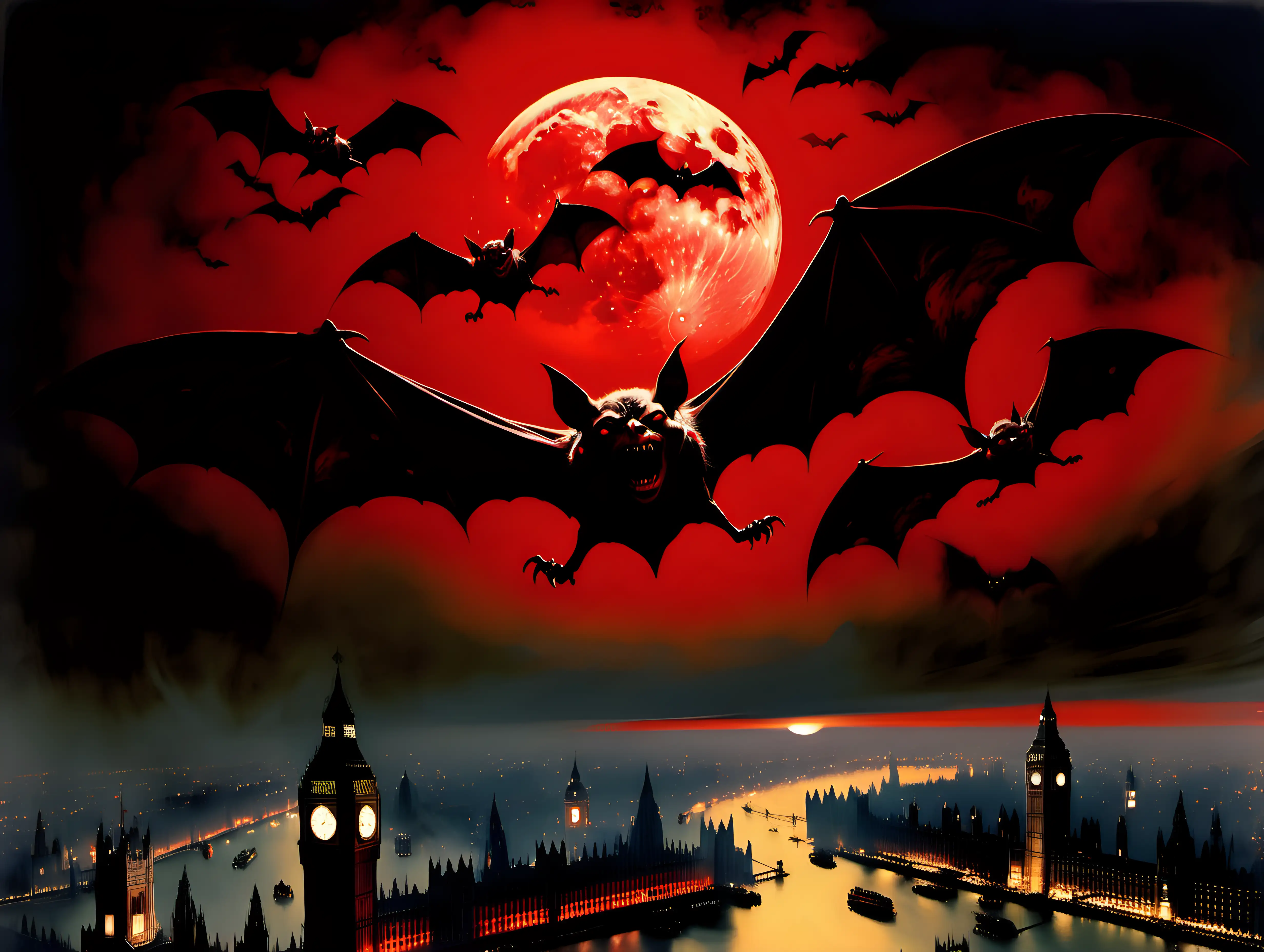 Nocturnal Vampire Bats Soaring Over 1940s London Under a BloodRed Moon Frank Frazetta Inspired