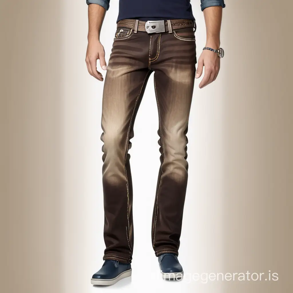 Create Dark Brown subtle fading and worn-in look of the Sand Blast wash jeans for men contemporary style and authentic vintage vibes, having contrast stitching and metal accessories compliment with Dutch angle view.