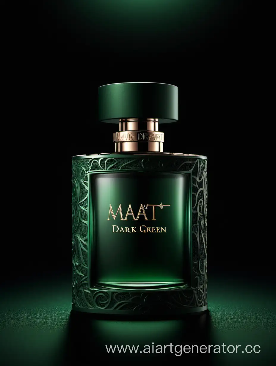 matt dark green perfume))), textured crafted with intricate 3D details reflecting light around a ((black background)), with a elegant ((text logo))
