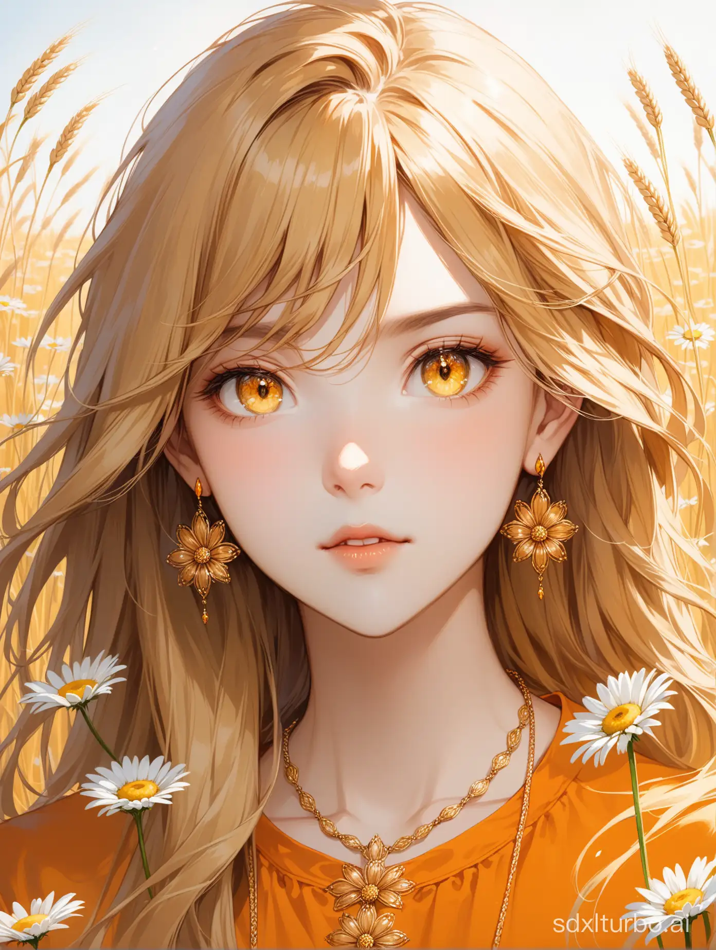 Highest quality, masterpiece, a girl, long wheat-colored hair, slightly curled, yellow earrings, necklace, (orange clothing), (exquisite depiction of hair), (exquisite depiction of yellow eyes), (exquisite depiction of facial features), solo, (daisies), portrait description, sense of fragmentation