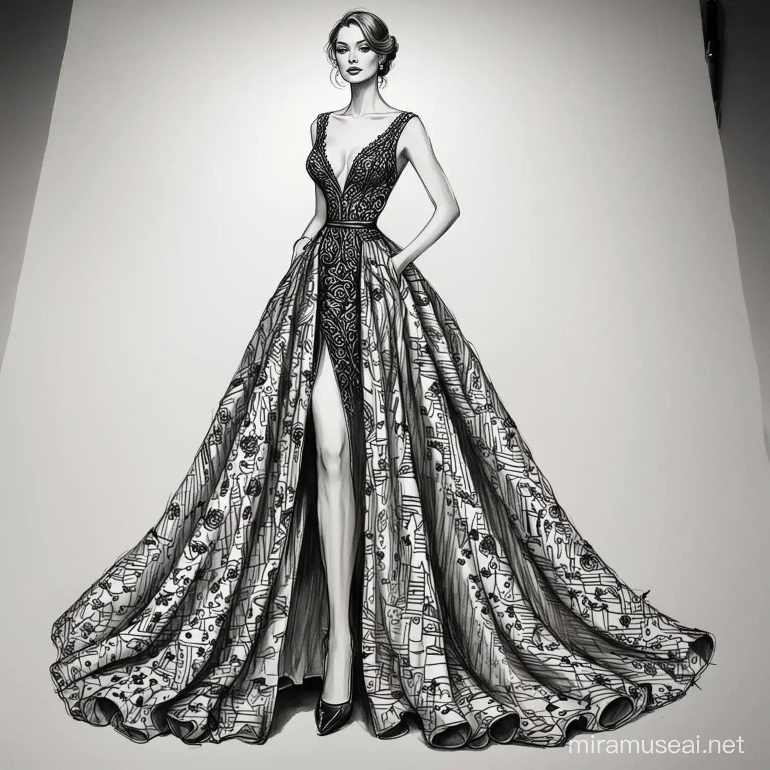 Elegant HandDrawn Black and White Fashion Illustration of Evening Wear Dress for Women