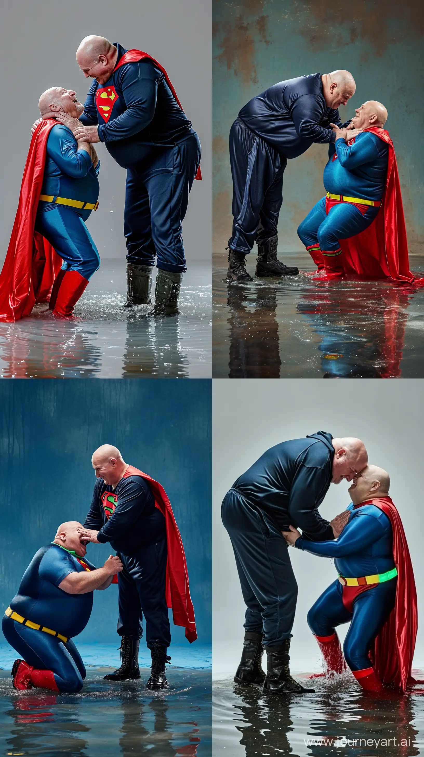 Photo of a happy chubby tall man aged 70 wearing a silky navy tracksuit and black tactical boots, bending over and putting his hands on the neck of another terrified chubby big man aged 70 kneeling in water who is wearing a silky blue superman costume with a large red cape, red boots, blue shirt, blue pants, yellow belt red trunks and a small glowing green collar around his neck. Outside. Bald. Clean Shaven. --style raw --ar 9:16 --v 6