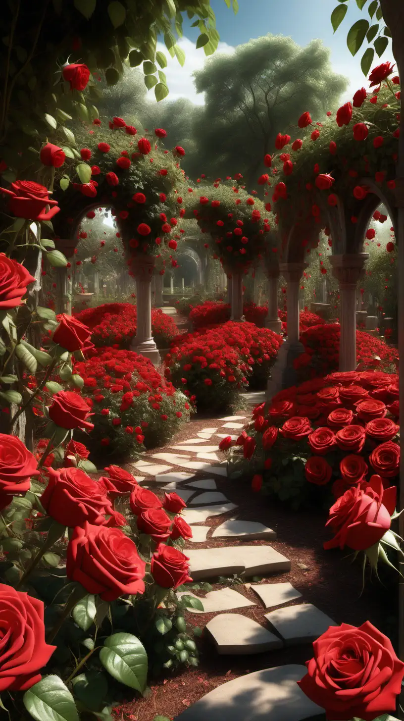 Enchanting Garden of Eden Landscape with Lush Red Roses