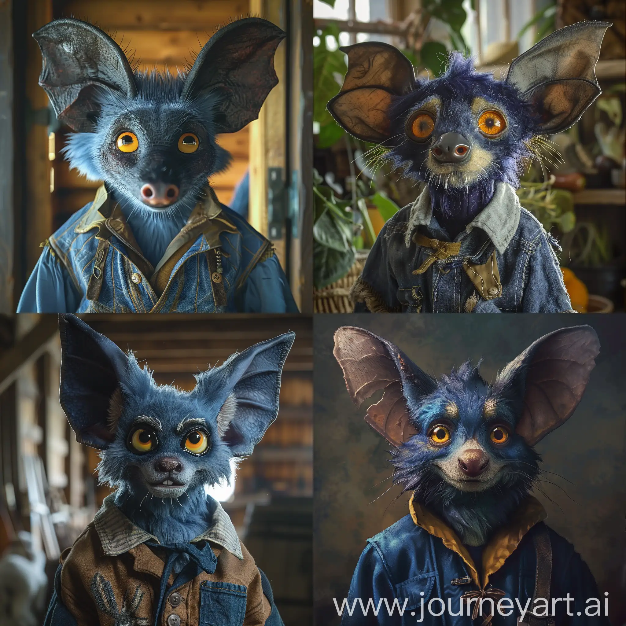 Humanoid anthro male rodent canine hybrid wearing comfortable farming clothes. scruffy dodger blue fur. Large yellow eyes. Large bat-like ears. Warm friendly expression. Photograph.