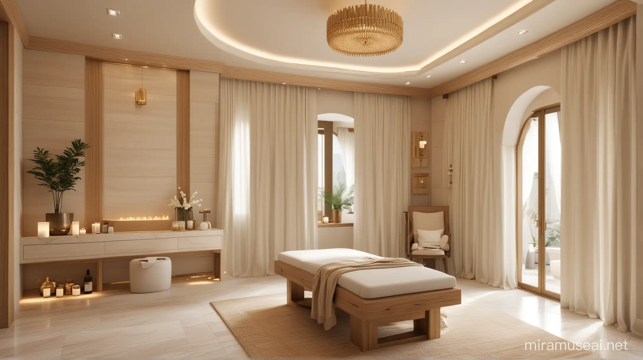 Grand Modern master spa room, with a massage bench, no windows, ivory, beige, blonde oak, brass accents, arabic interior, realistic 8K, relaxing ambiance
