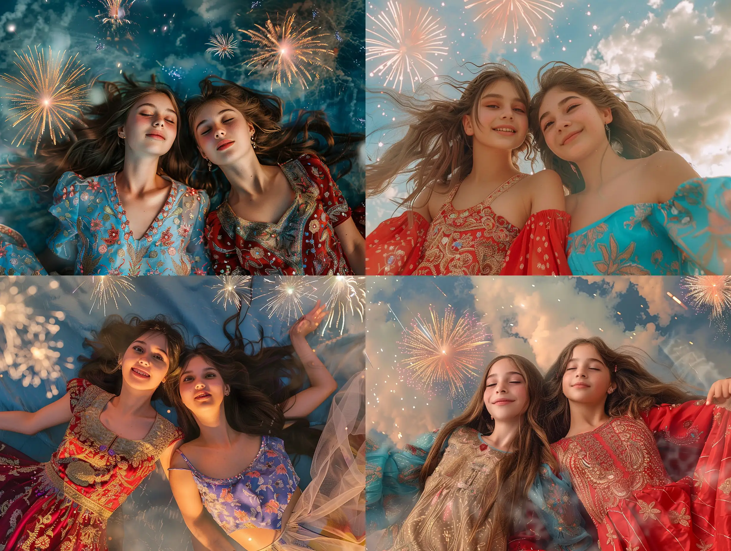 Two girls wearing Eid clothes, their dresses are bright, one Gypsy month, happy with Eid, and fireworks decorate the sky in an extremely beautiful and very realistic overhead scene., Portrait, Realism, Keyshot, Aerial perspective, Mirrorless Camera, Natural Light, Delight,