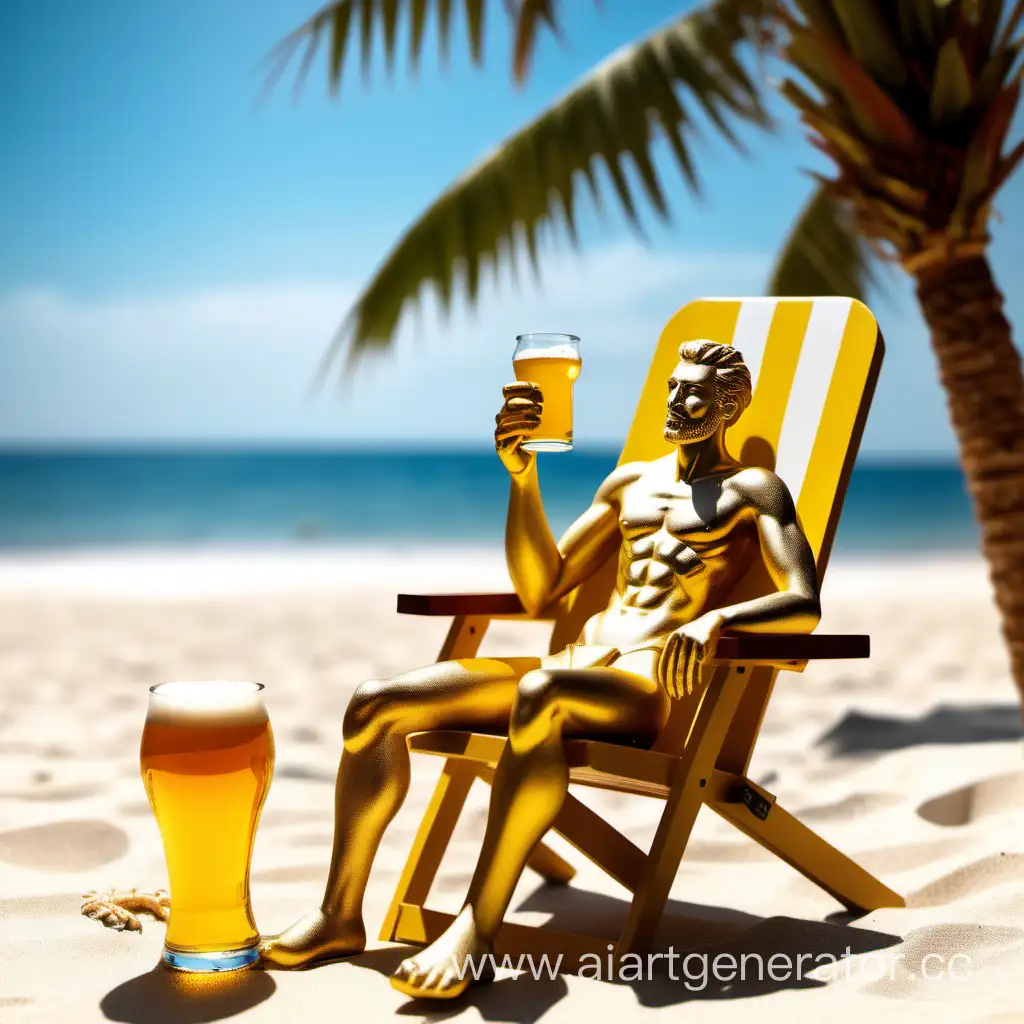 пиво аливария золотое в виде человека мужчины на пляже на шезлонге с пальмой