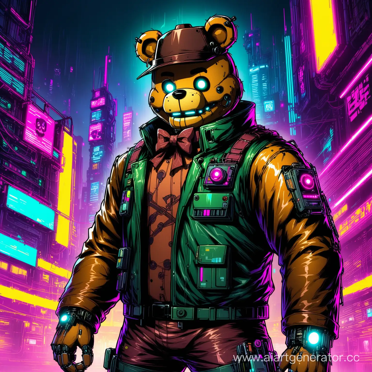 Freddy-Fazbear-in-a-Cyberpunk-Cityscape-Futuristic-Adventure