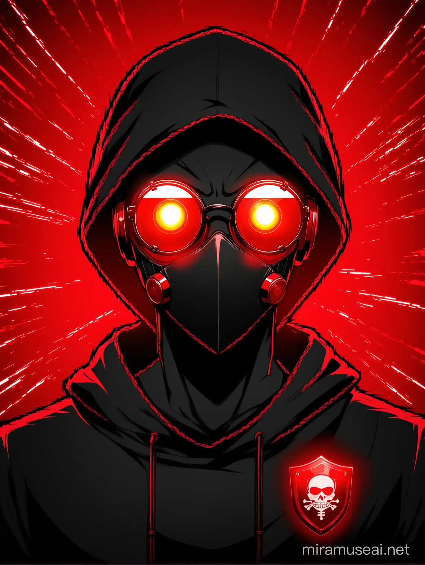 man learn hacking cartoon all black and red  eyes and gaz   dark face and glassess red 
backgroud  like uranium shield
